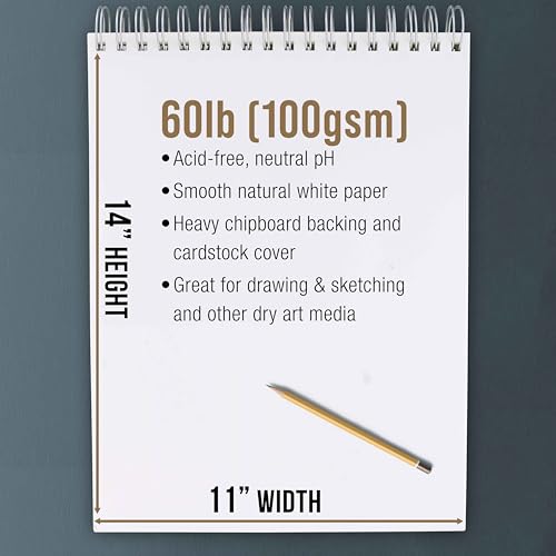 U.S. Art Supply 11"x14" Top Spiral Bound Sketch Book, 2 Pack, 100 Sheets Each, 60lb (100gsm), Acid-Free, Artist Sketchbook, Drawing Pad for Adults & Students - size: 11-x-14-inch