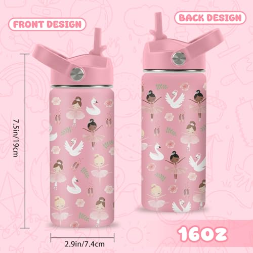 Ballet Water Bottle, 16oz Ballerina Girls Stainless Steel Insulated Water Bottle with Straw Lid, Ballerina Cup Tumbler Birthday Gifts for Kids Teen Girls School - color: Ballerina