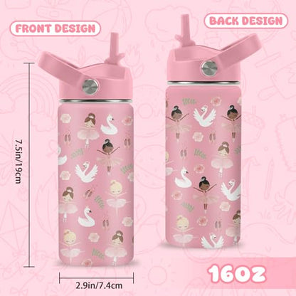 Ballet Water Bottle, 16oz Ballerina Girls Stainless Steel Insulated Water Bottle with Straw Lid, Ballerina Cup Tumbler Birthday Gifts for Kids Teen Girls School - color: Ballerina