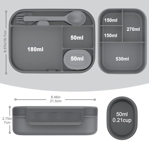 Caperci Stackable Bento Lunch Box for Adult & Teens - Reinforced Leak-Proof Lunch Container 4-Compartment with Utensils & Sauce Container, BPA-Free, Dishwasher/Microwave Safe, 47oz (Dark Gray) - color: Dark Gray
