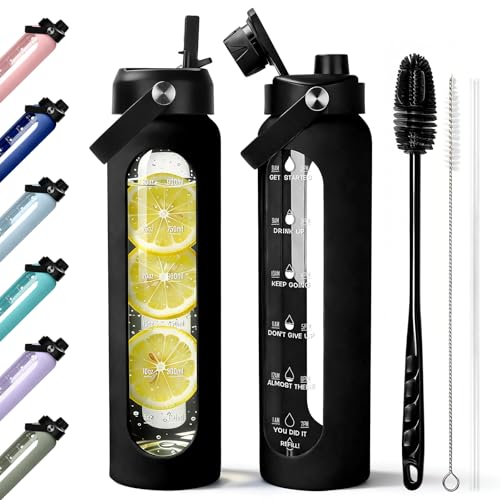 Aqulea 32 oz Glass Water Bottle with 2 Lids – Spout & Straw Lids, 1L Motivational Borosilicate Glass Water Bottle with Time Marker & Silicone Sleeve, Leakproof (Black) - color: Black, size: 32 Ounces
