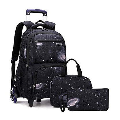 VIDOSCLA Elementary Galaxy Teens Rolling Backpack Kids Boys Luggage with Wheels Trolly BookBag for School-6 Wheels - color: Black-3pcs 6 Wheels, style: 6 Wheels 3pcs