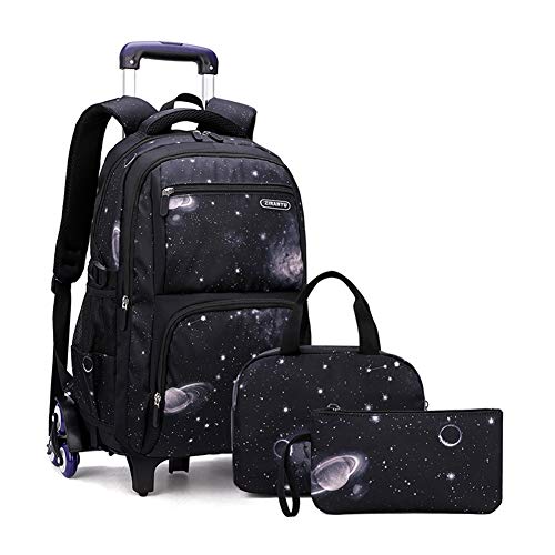 VIDOSCLA Elementary Galaxy Teens Rolling Backpack Kids Boys Luggage with Wheels Trolly BookBag for School-6 Wheels - color: Black-3pcs 6 Wheels, style: 6 Wheels 3pcs
