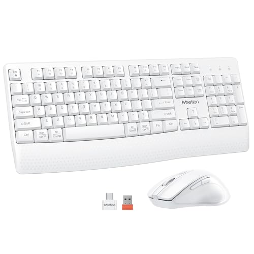 MEETION White Wireless Keyboard and Mouse, 2.4G USB Receiver Plug-and-Play, Computer Keyboard with Wrist Support, 3 Level DPI Mouse, Long Time Lasting Battery for PC/Mac/Windows/Laptop, White - color: White