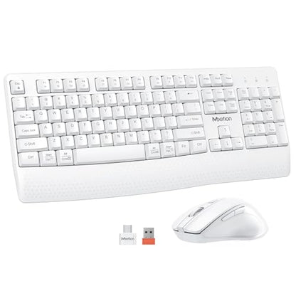 MEETION White Wireless Keyboard and Mouse, 2.4G USB Receiver Plug-and-Play, Computer Keyboard with Wrist Support, 3 Level DPI Mouse, Long Time Lasting Battery for PC/Mac/Windows/Laptop, White - color: White