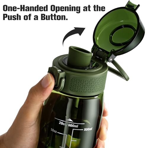 GOPPUS 20oz Kids Water Bottle with Time Marker & Handle, Tritan BPA-Free, Reusable Leakproof Anti-Dust Everyday, Clear Kids Water Bottles For School,Car Travel, Gifts Boys Girls(Olive Green) - color: Olive Green