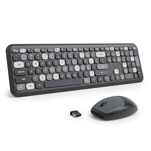 Wireless Typewriter Keyboard and Mouse Combo Retro 104 Key Full Size Office Set sea Blue Keyboard with Silent Round Keycaps, Ideal for Laptop and Desktop PCs, Cute Design. - color: Mixed black gray