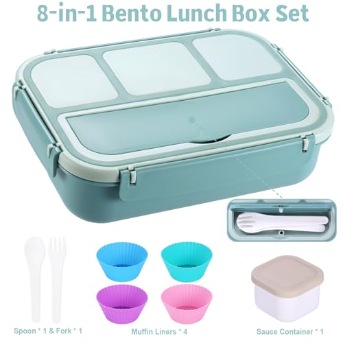 shell and turtle Bento Box Adult Lunch Box, Lunch Containers for Kids Girls Boys with 4 Compartments, Lunchable Food Container with Utensils, Sauce Jar, Muffin Liners, 40 Oz/5 Cup, Light Teal - color: Light Teal