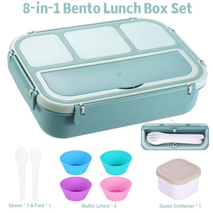 shell and turtle Bento Box Adult Lunch Box, Lunch Containers for Kids Girls Boys with 4 Compartments, Lunchable Food Container with Utensils, Sauce Jar, Muffin Liners, 40 Oz/5 Cup, Light Teal - color: Light Teal