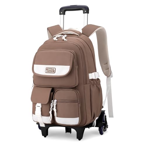 Solid Color Rolling Backpack for Girls Boys Cute Elementary school bag with wheels,Brown Trolley Bags for Travel - color: B-brown-6 Wheels, size: 6 Wheels