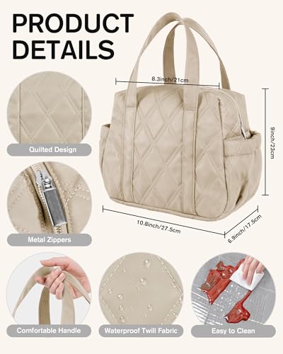 Quilted Puffer Lunch Bag for Women, Insulated Lunch Tote with Foil Lining, Leak-Resistant Reusable Lunch Cooler Bag, Roomy Soft Lunch Box for Work, School, Picnic and Travel (Khaki) - color: Khaki