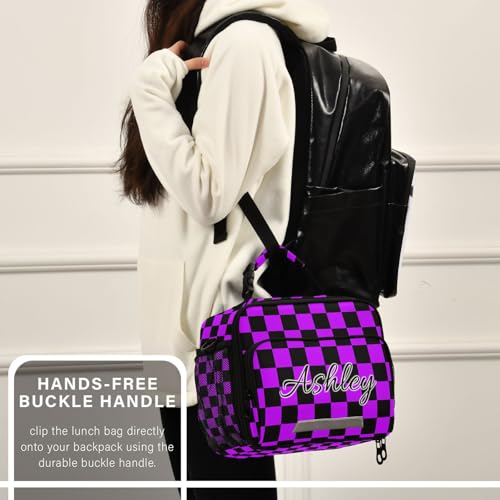 Custom Student Lunch Bag for Boys Girls Purple Black Checkerboard Personalized Lunch Box With Name Insulated Cooler Bag for School Picnic Travel - color: Multi07