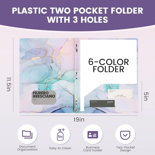 Ddaowanx Folders with Pockets and Prongs, 6 Pack 2 Pocket 3 Prong Cute Marble Style Folder,Plastic Folders for Documents Back to School Supplies(6)