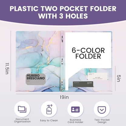 Ddaowanx Folders with Pockets and Prongs, 6 Pack 2 Pocket 3 Prong Cute Marble Style Folder,Plastic Folders for Documents Back to School Supplies(6)
