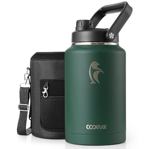 Coolflask Titan Gallon Water Bottle Insulated, 128 oz Water Jug Stainless Steel Leakproof with Large Handle Spout Lid & Carrying Sleeve, Wide Mouth Metal Flask for Sports Camping, Dark Green - color: Dark Green, size: 128 Ounces