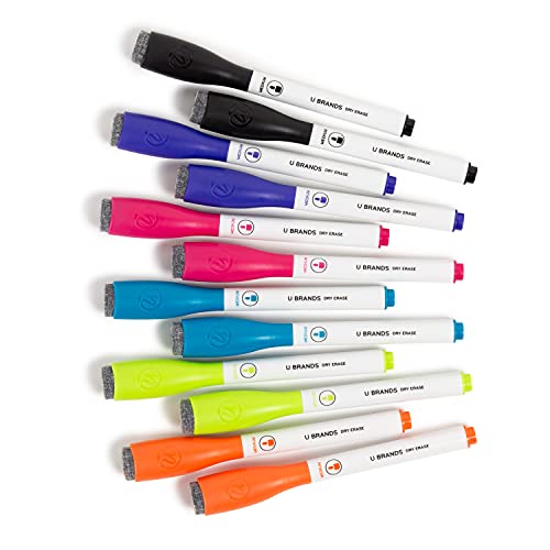 U Brands Fine Tip Dry Erase Markers with Eraser, Low Odor Whiteboard Markers Fine Tip, Assorted Bright Colors, Set of 16 - size: 1 Count (Pack of 12)