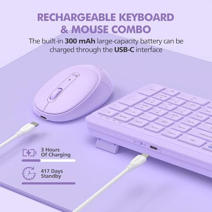 Purple Wireless Keyboard and Mouse Combo for Desktop Mac iPad Bluetooth 2.4 Ghz Rechargeable Slim Silent Click with Number Pad Compatible with Pc, Laptop, Tablet (Purple) - color: Purple