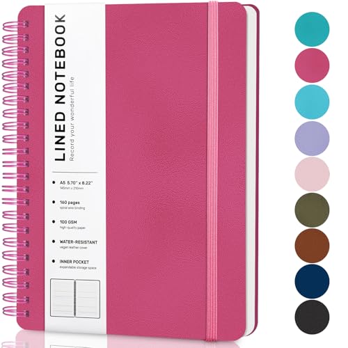 Lined Spiral Journal Notebook, A5 Hardcover Leather Notebook for Work, 5.7''×8.2'', 100GSM Thick Paper Spiral Bound Journaling Notebooks for Women & Men Office School Note Taking Business, Rose Red - color: Rose Red, size: A5