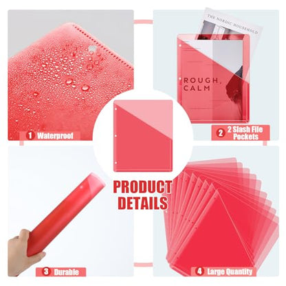 Seajan 48 Pcs Pocket Folders for 3 Ring Binder Clear Plastic Folders Sleeves with 2 Pockets 3 Hole Punch Binder Dividers Poly Slash File Jackets for Office School Document Organizer (Red) - color: Red