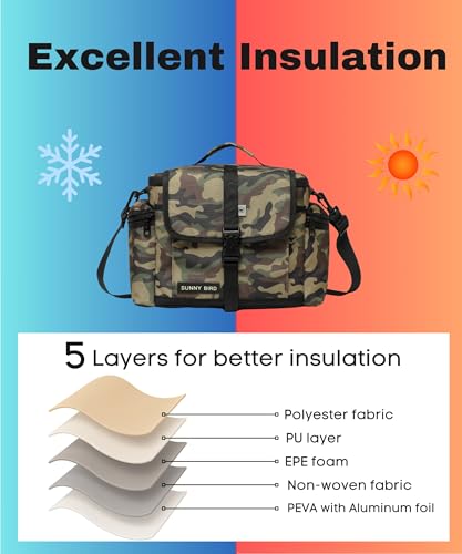 SUNNY BIRD Large Lunch Bag, Thermally Insulated Soft Cooler with Shoulder Strap for Women, Men (Camouflage) - color: Camouflage