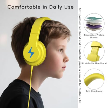 Candy Bila Kids Headphones, Wired Headphones for Kids Over Ear with Microphone, 85/94dB Volume Limiter Headphone for Girls Boys, Foldable Headphone for Learning & Entertainment, Yellow - color: Yellow