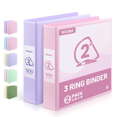 Sooez BinderX 2 Inch 3 Ring Binder, D-Ring Large Binders, Holds 500 Sheets of 8.5x11 Paper, PVC-Free, Customizable View Cover with 2 Inside Pockets, School & Office Supplies, Assorted Pastels, 2-Pack - color: Pink&purple, size: 2-Inch D Ring