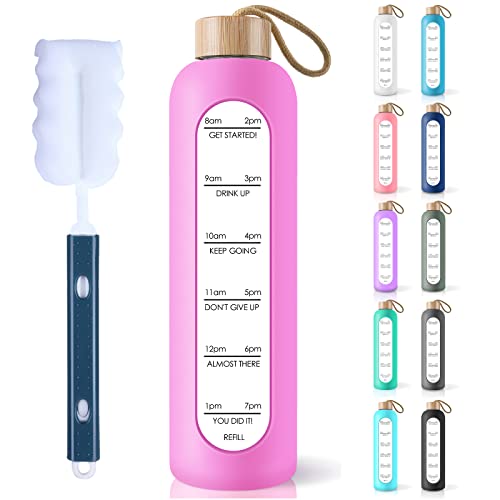 PROBTTL 32 Oz Borosilicate Glass Water Bottle with Time Marker Reminder Quotes, 1 Liter Leak Proof Reusable BPA Free Motivational Water Bottles with Silicone Sleeve and Bamboo Lid (Fuchsia) - color: Fuchsia, size: 32 Ounces