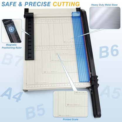 Paper Cutter, 12" Cut Length Guillotine Trimmer, Paper Cutting Board with 10 Sheet Capacity Papers, Metal Base Papers Slicer with Safety Guard for Classroom Office Home Cardstock Crafts & Photo