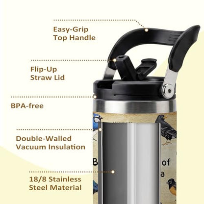 Bird Tumbler Cup with Handle 30 oz with Lid and Straw, Leak-proof Insulated Stainless Steel Coffee Tumbler with Bird Illustration Pattern and Species Names, Gift for Birds Watcher Nature Lover - color: Bird, size: 30 Ounces