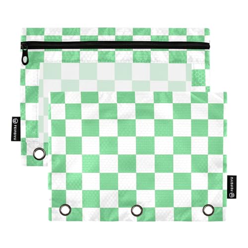 Green-White Lattice Pencil Pouch for 3 Ring Binder with Zipper 2 Pack Binder Pouches Cosmetic Bag with Clear Window - color: multi-p2