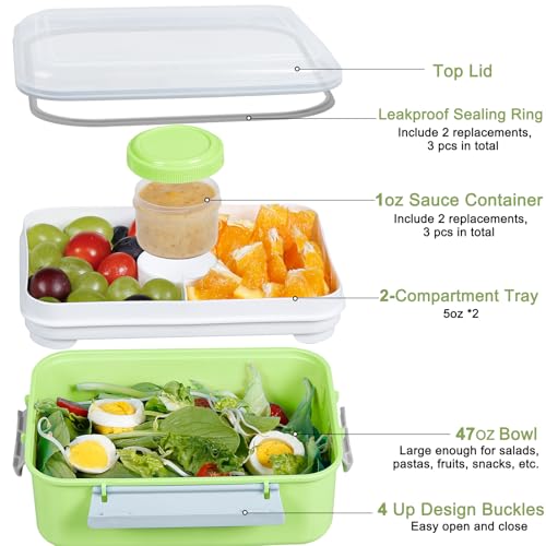 47oz Salad Lunch Container To Go, 3 Pack Salad Bowls Bento Lunch Boxes | Food Storage Meal Prep Containers with Tray/Dressing Containers for Salad, Snacks,Fruit, BPA Free, Microwave Dishwasher Safe - color: Pink & Green & Light Blue