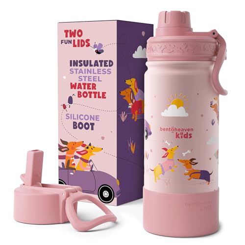 Bentoheaven Kids Water Bottle Stainless Steel for Boys & Girls, Pink | Reusable 17 oz insulated metal tumbler with 2 lids (chug and straw), leakproof design, silicone boot for school and sports. - color: Coral Pink