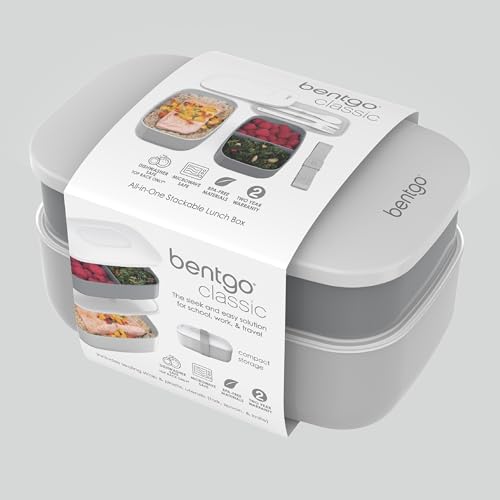 Bentgo Classic Stackable 3-Compartment Adult Bento-Style Lunch Box | Removable Utensil Set and Sealing Strap, BPA-Free, Food Container Ideal for Meal Prep, Work, and On the Go (Gray) - color: Gray