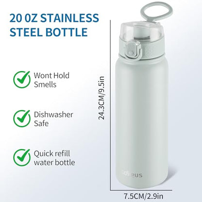 GOPPUS Insulated Water Bottle 20oz Stainless Steel BPA-Free Sports Bottle Ideal for School and Travel Silicone Spout Lid Prevents Leaks, Sweat, and Dust (Light green) - color: Light Green