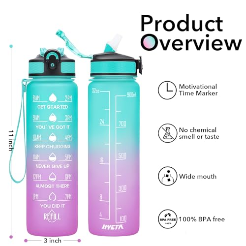 Hyeta Water Bottle with Straw & Time Marker, Plastic 32oz Leakproof | Motivational Tritan BPA Free Gym Office Outdoor Intake Tracker Hourly Reminder Straw Lid Carry Strap - color: Green-Purple