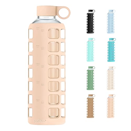 purifyou 40oz / 32oz / 22oz / 12oz Borosilicate Glass Water Bottle with Time & Volume Markers, Silicone Sleeve, Stainless Steel Lid | Reusable Glass Bottle for Water & Juice (40oz Hazelnut) - color: Hazelnut (1 Count), size: 40 Ounces
