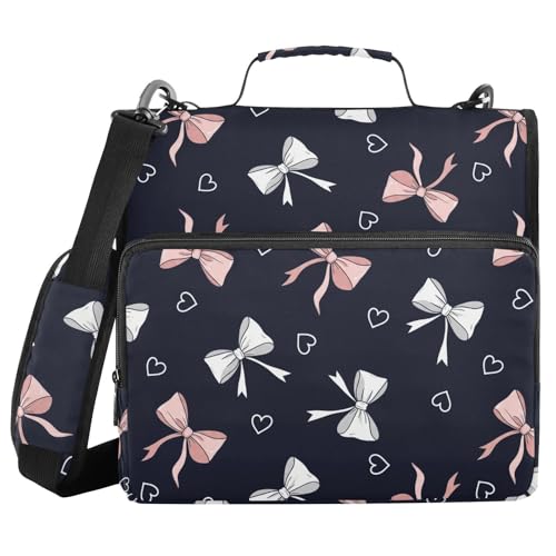Bows Hearts Print 3 Ring Zipper Binder with Shoulder Strap & Handle 1.5 Inch D-Ring Zippered Bag with Pencil Pouch,Multiple Pocket & Expanding File Folder, Binder Organizer for School or Office - color: Bows Hearts Black