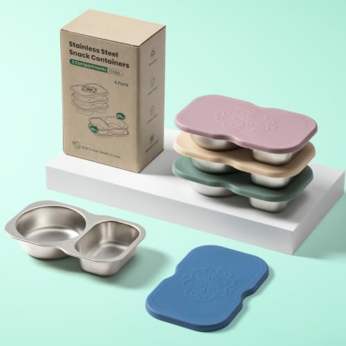 VITEVER 4 Pack Small Stainless Steel 2-Compartment Snack Containers with Lids, Reusable Snack Pack Containers, Lunch Box Accessories,Double Compartment Salad Dressing Containers to Go, 5.3oz - color: 4 Pack