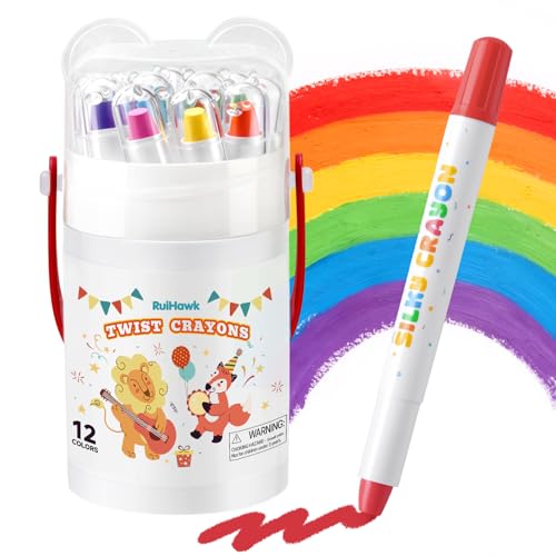 Silky Crayons, 12 Colors Baby Crayons for Toddlers 1-3 and Kids 4-8, Twist Easy-Grip with 150 PDF Pages & Brush– Washable Art Supplies, Ideal Coloring Gift Kit for Boys & Girls - color: Multicolored（12Pack)