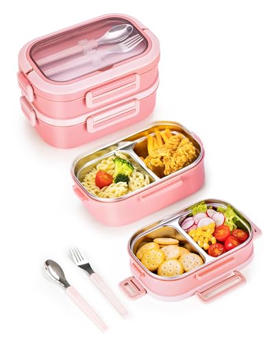 Lille Home Stackable Lunch Box, 2 Tier Stainless Steel Bento Lunch Box, 56oz Large Capacity Leakproof Lunch Containers, 4-Compartment Lunch Box with Utensils for Meal Prep, Work, Picnic(Pink) - color: 2 Tier-Pink