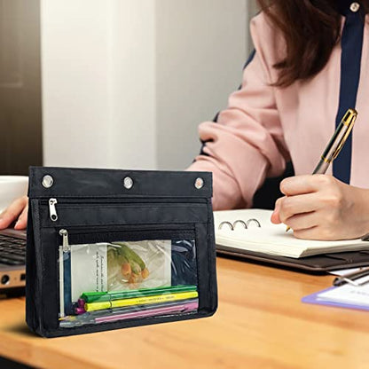 YoeeJob 1 Pack Pencil Pouch for 3 Ring Binder, Expandable Binder Pouches with Zipper, Large Capacity Pen Holder Case with Clear Window School Class Office Organizers, Black - color: Black