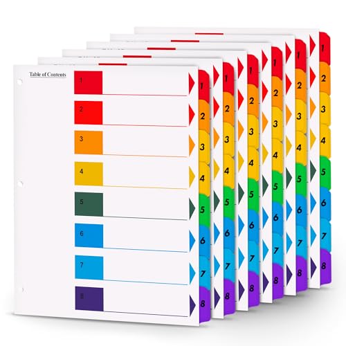 Tab Dividers for 3 Ring Binders – 6 Sets, 1–8 Numbered Index Dividers with Table of Contents – 8.5 x 11 in, 3-Hole Punched – Binder Dividers for School, Office, Filing, Organizing - 6 Pack - size: 1-8 Tabs