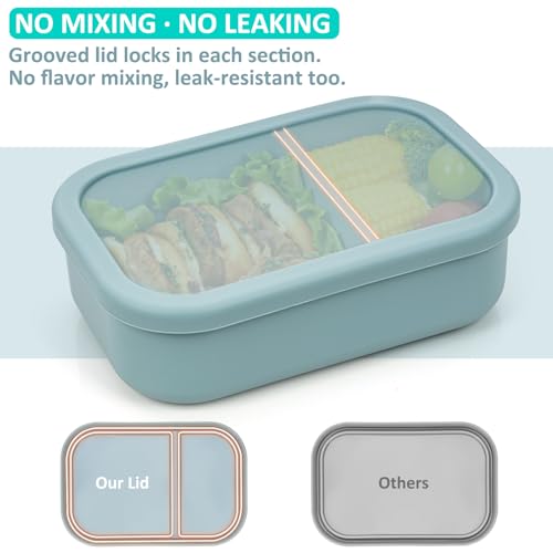 100% Silicone Bento Box Adult with 2 Compartments, 32oz, Reusable Divided Lunch Box Meal Prep Containers for Entree and Side Food Snack Storage, BPA-Free Plastic-Free, Microwave Dishwasher safe, Green - color: Blue | 32oz | 2-Compartment