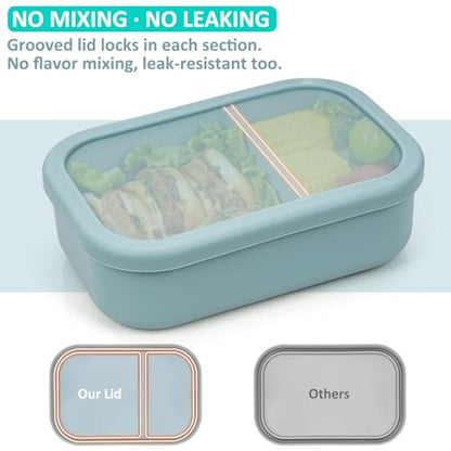 100% Silicone Bento Box Adult with 2 Compartments, 32oz, Reusable Divided Lunch Box Meal Prep Containers for Entree and Side Food Snack Storage, BPA-Free Plastic-Free, Microwave Dishwasher safe, Green - color: Blue | 32oz | 2-Compartment