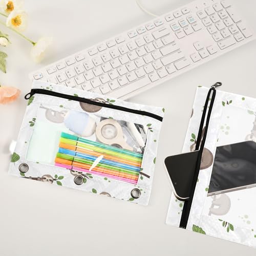 Blueangle Sloth with Green Leaves Pencil Pouch for 3 Ring Binder, 2 Pack Clear Window Zipper Pencil Bags for Office