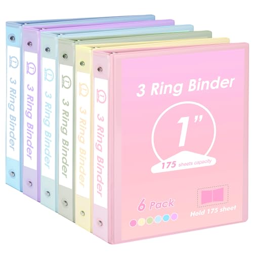 EOOUT 6 Pack 3 Ring Binders 1 inch, Three Round Ring 1'' Binders with 2 Pockets Interior, 6 Assorted Pastel Color, Fits 8.5'' x 11'' Letter Size Paper for School Office Supplies