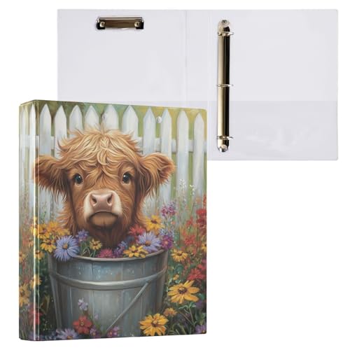 3 Ring Binder Highland Cow Flower 1.5 Inch Round Rings Holds 200 Sheets, Daily Women Men Office School Supplies 2 PCS - size: 2PCS