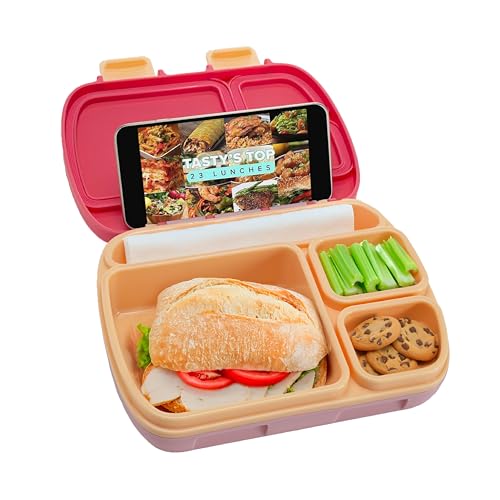 Tasty Bento Style Lunch Box, 4 Compartments with Built-In Phone Stand, BPA-Free Plastic, Portable Food Storage Container, Pink - color: Pink