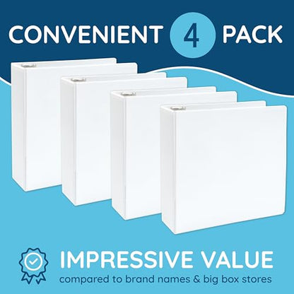 White 3 Ring Binder 3 Inch Heavy Duty Large Binder with Clear View Cover for Office and School, Big Rings Hold up to 625 Sheets of 8.5 x 11 Inch Paper, 4 Pack