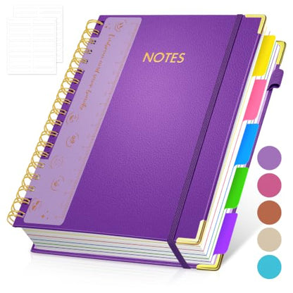 Hardcover Spiral Notebook Journal with Removable PVC Dividers - 8'' x 10'' Large 300 Page B5 Hardcover Leather College Lined Journals Notebook for Work Note Taking Office Home School Supplies, Dark purple - color: dark purple